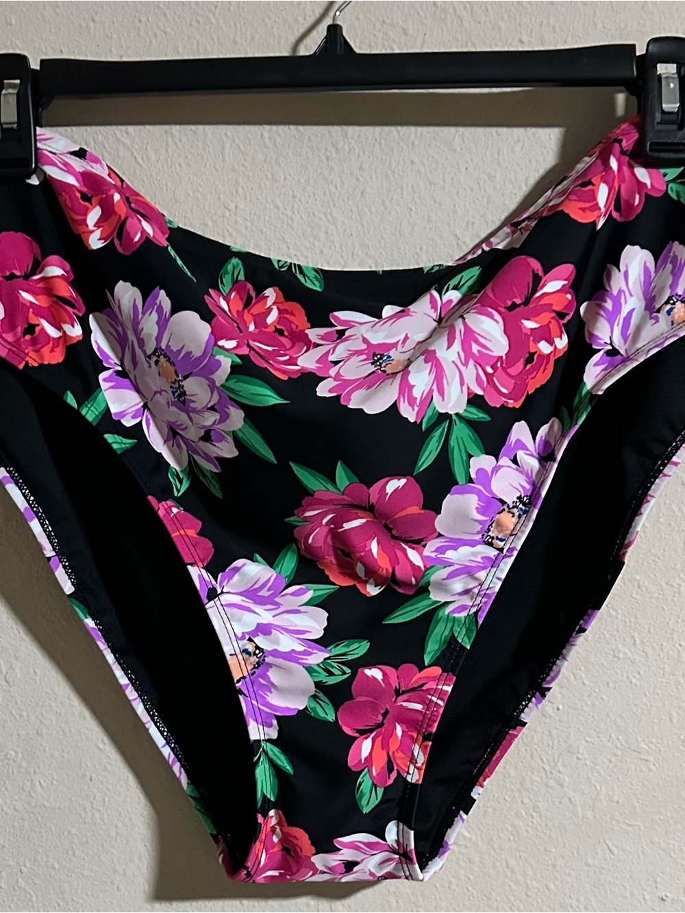 Time and Tru Black Floral Bikini Bottoms with Pink and Purple Flowers-NWOT